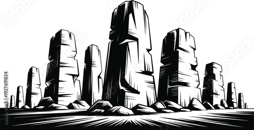 Abstract monochrome illustration of rock formations, graphic black and white drawing style