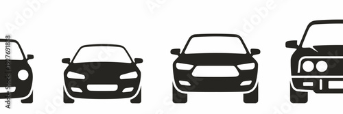 Four black and white car silhouettes arranged in a row