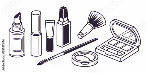 An assortment of makeup and beauty products neatly arranged on a surface Vector