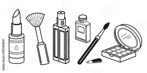 An assortment of makeup and beauty products neatly arranged in a row Vector
