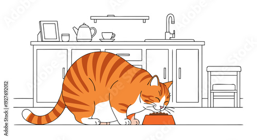 Playful vector illustration of orange tabby cat with striped fur chasing ball on kitchen floor