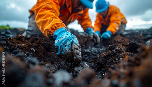 Workers carefully examine soil samples at an environmental remediation site