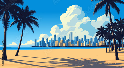 Vector illustration of a tranquil beach with palm trees and city skyline on the horizon