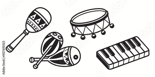 A collection of musical instruments including maracas, a drum, and a xylophone. Vector