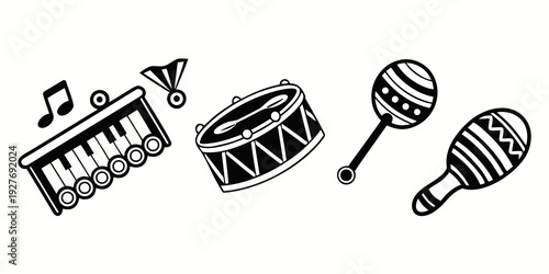 A vibrant illustration of various musical instruments including a saxophone, drum, and maracas. Vector