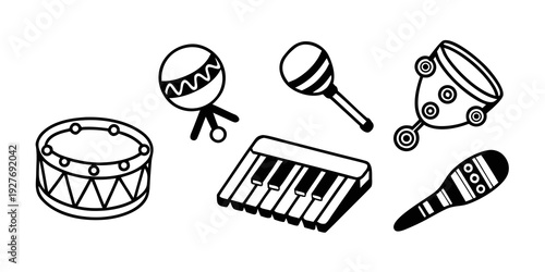 Assorted musical instruments including drums, xylophone, and cymbals Vector