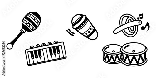 Assorted percussion instruments including tambourines, maracas, and xylophones. Vector