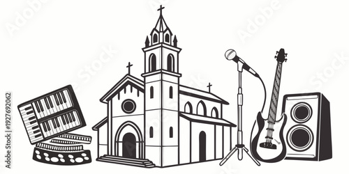 Illustration of a church with musical instruments and a movie camera Vector