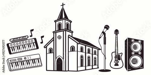 A charming church with a steeple and a cross, surrounded by musical instruments. Vector