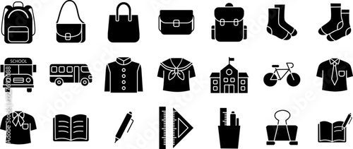 Back to school solid icon collection. Vector illustration. Containing school building, uniform school bus, etc. 