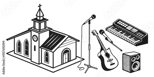 A church with musical instruments including a microphone and a guitar. Vector