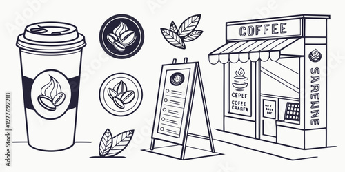 A variety of food and drink items displayed on a table Vector