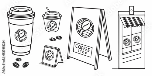 A variety of coffee-related items including cups, beans, and a coffee shop sign. Vector