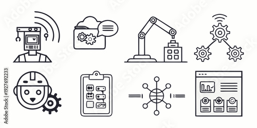 A collection of icons representing various aspects of industrial and technological development. Vector