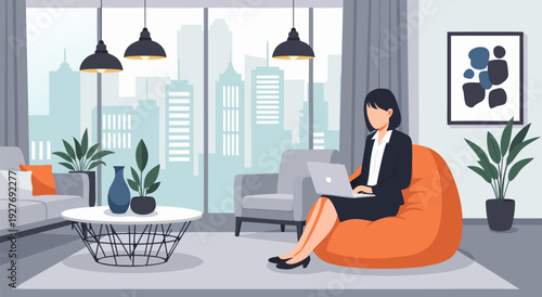 vector illustration of relaxed professional woman on orange beanbag working laptop in modern living room