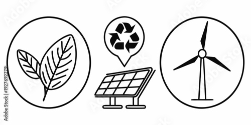 Illustrations of renewable energy sources including solar, wind, and recycling Vector