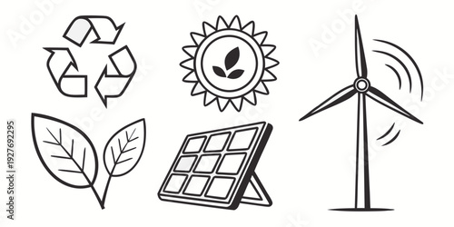 Illustration of renewable energy sources and environmental sustainability symbols Vector