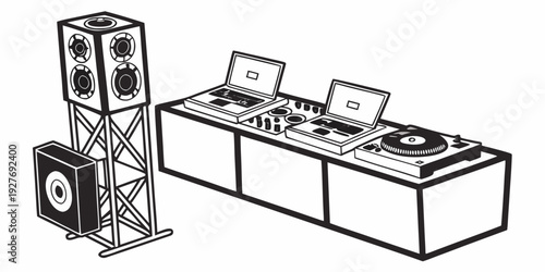 A detailed illustration of a dj setup with speakers and a mixing console. Vector