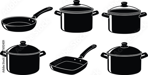 Black Kitchen Cookware Set Frying Pan and Stock Pots Silhouette Vector Illustration Isolated on Light Background Collection