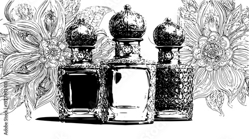 Romance elixir collection featuring ornate stoppers and liquid, vector set