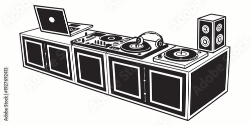 A vintage stereo system with multiple components and speakers on a wooden shelf Vector