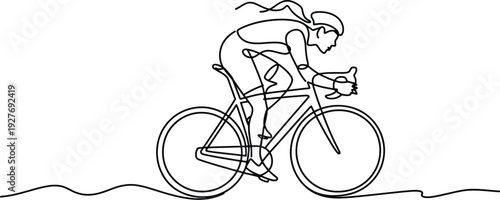 Continuous one line drawing of a cyclist riding a road bike wearing a helmet minimalist black outline vector illustration sports.