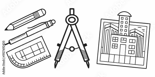 A collection of various drawing and drafting tools and equipment Vector