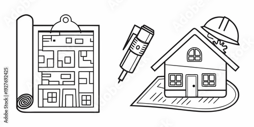 Illustration of a house blueprint and a house with a pencil on top Vector
