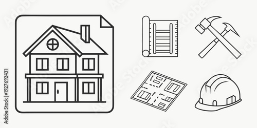 Illustration of house blueprints, tools, and construction elements Vector