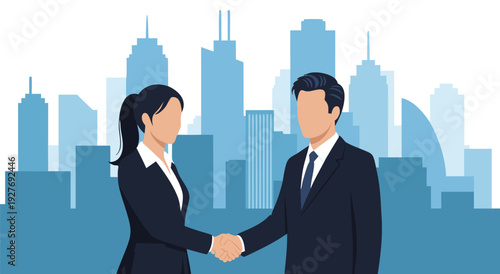 Business vector illustration of two professionals shaking hands against a modern city skyline backdrop