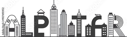 Filled city skyline forming various alphabet letters with modern architectural details