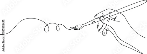 Continuous one line drawing of a human hand holding a paintbrush creating a wavy stroke minimalist black outline vector illustration.