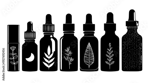Botanical oil set with glass droppers and roller bottles, vector graphic set