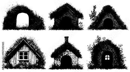 Burrow entrance collection featuring mossy roofs and tiny windows, illustration set