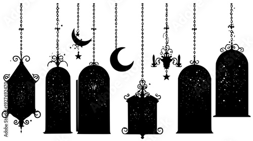 Celestial window kit including glass prisms and moon motifs, vector set