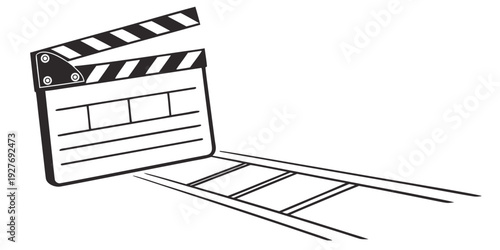 A black and white clapperboard with a film strip beside it Vector