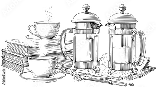 Classic French press set with steaming mugs and metal plungers, vector set