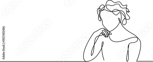 Continuous one line drawing of a pensive woman resting her chin on her hand minimalist black outline vector illustration portrait.