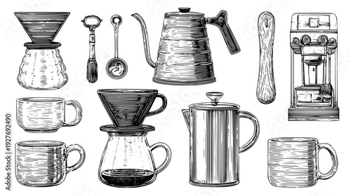 Coffee shop kit with polished metal tools and ceramic mugs, vector graphic set