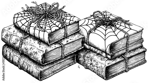 Enchanted sill bundle showcasing spiderwebs and old books, vector graphic set