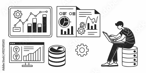 Businessman analyzing data with various charts and graphs on his computer. Vector