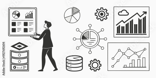Businesswoman analyzing data with various charts and graphs surrounding her Vector
