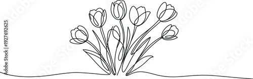 Continuous one line drawing of a beautiful tulip flower bouquet minimalist black outline vector illustration for floral and spring designs.