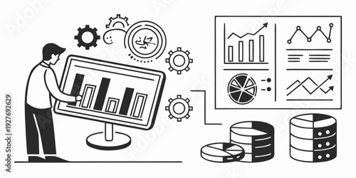 A person analyzing data and financial information on a computer screen. Vector
