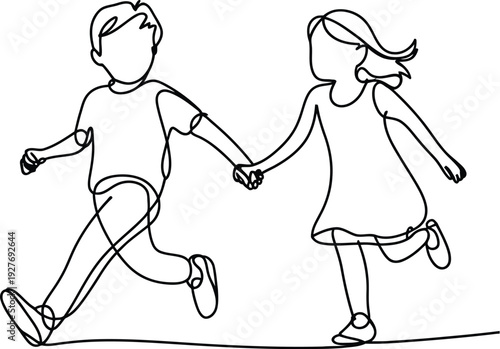 Continuous one line drawing of a young boy and girl holding hands and running together minimalist black outline vector illustration.