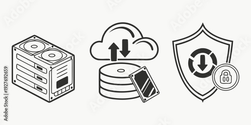 Illustration of data storage, cloud computing, and security concepts Vector