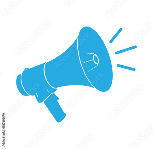 Blue megaphone icon with sound waves coming out isolated on white background