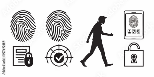 A collection of icons representing security, identification, and verification processes. Vector