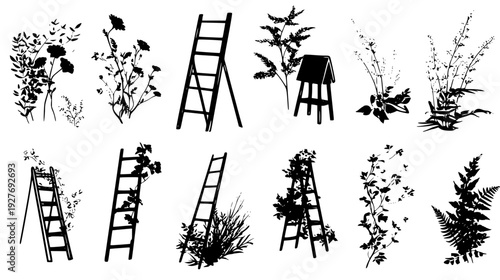 Floral hideaway bundle showcasing bellflower homes and vine ladders, vector graphic set