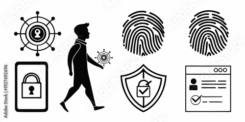 Illustration of various security and privacy icons representing digital protection and authentication Vector
